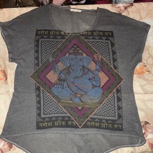 Charcoal Gray T-Shirt with Buddhist/Elephant Design, Size XS, Oversize Fit